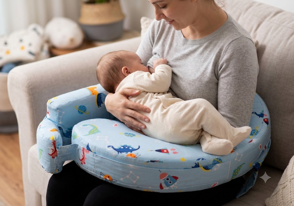 Soft Cotton Blend Baby Feeding Pillow with Removable Washable Cover | Ergonomic Nursing Support Pillow | Dinosaur Print | Newborn to Toddler