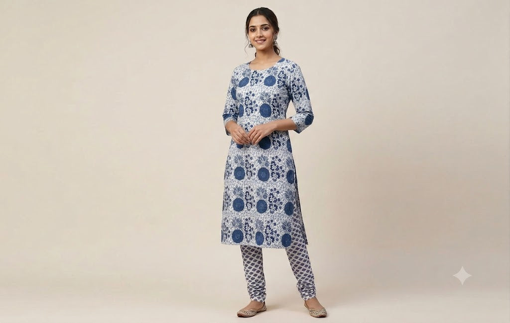Soft Cotton Blue Floral Printed Dress Material Set – Top & Bottom Fabric | 44" Width