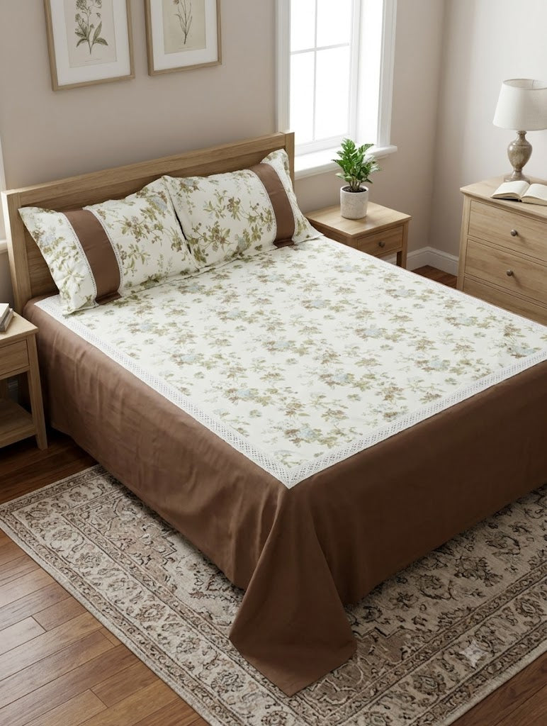 Premium Floral Cotton Bedspread Set with 2 Pillow Covers | Lace Border | King Size 96 x 104 Inches