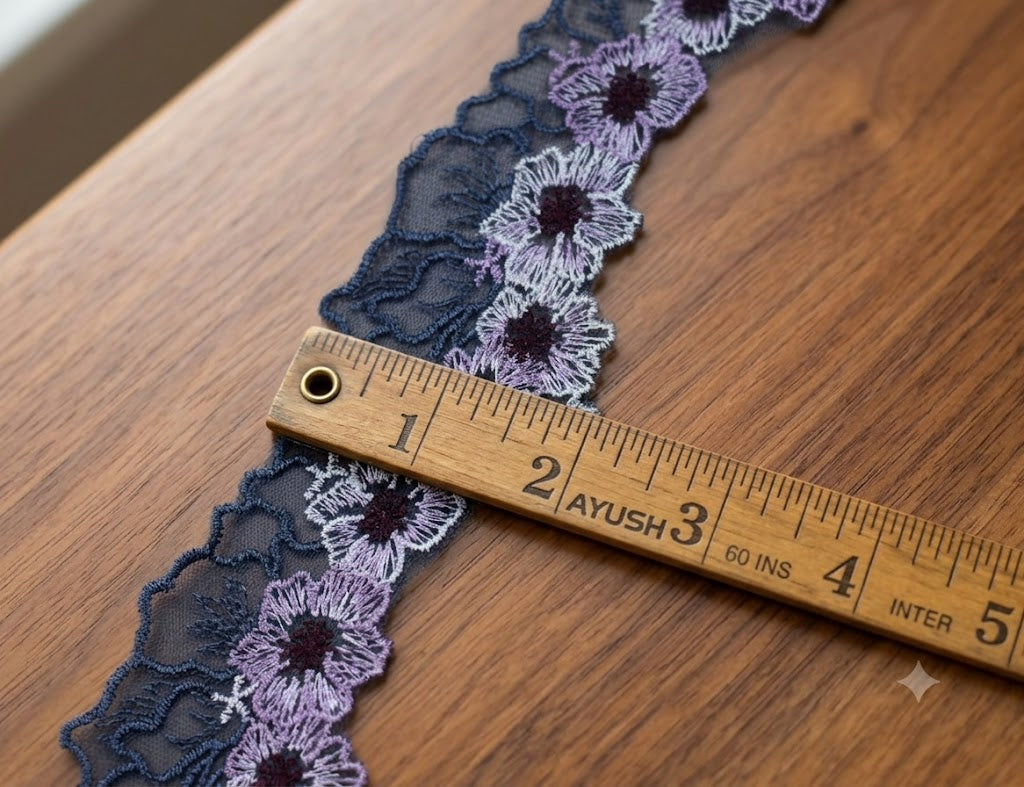 Floral Embroidered Net Lace Trim – Dusty Lavender, Navy Blue & Silver Grey | Decorative Sewing & Craft Lace | 10 Yards (9.1 m)