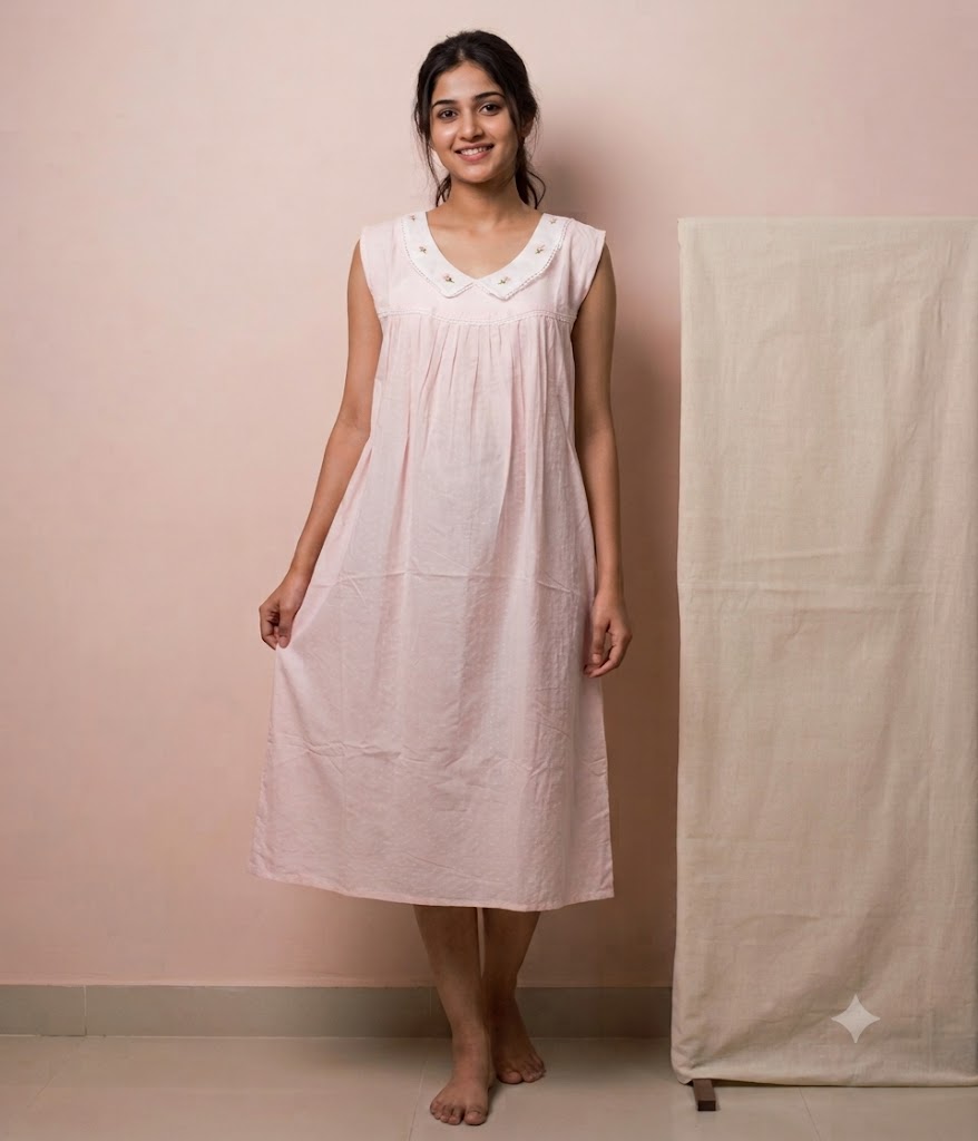Women's Cotton Knee Length Nighty with Embroidered Peter Pan Collar – 50" Length – Light Pink