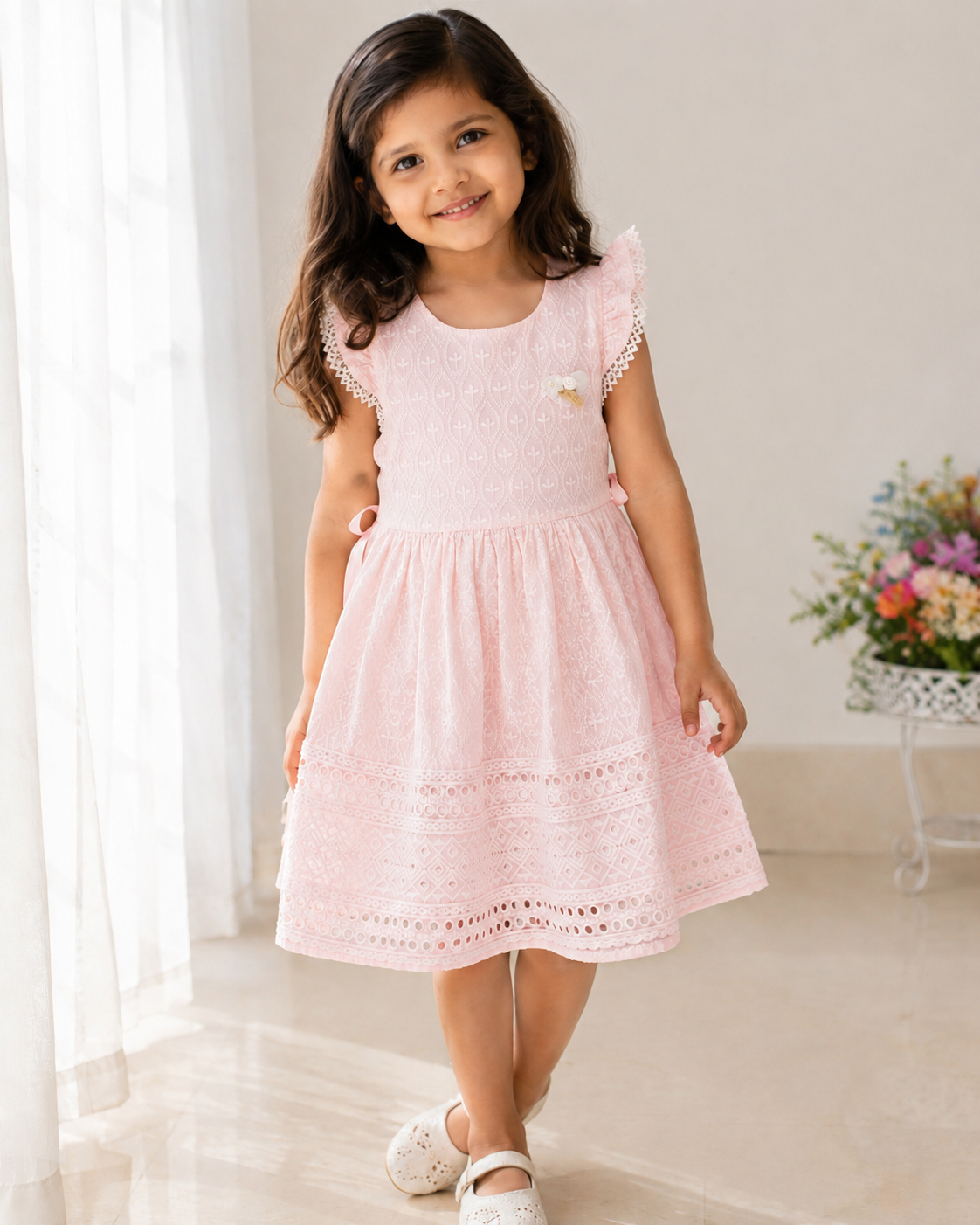 Sweet Peony Pink Eyelet Cotton Frock with Lace Trim & Bow Back