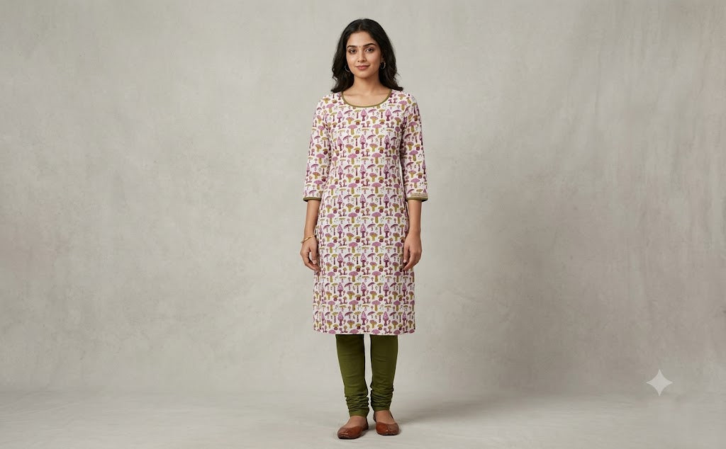Soft Cotton Mushroom Print Dress Material Top Fabric – White & Pink | 44" Width | 2.5 Meters