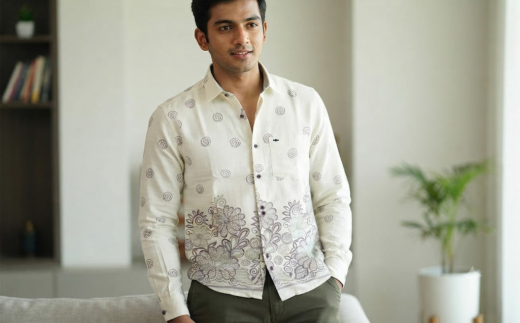 Men's Off-White Cotton Floral Printed Full Sleeve Casual Shirt