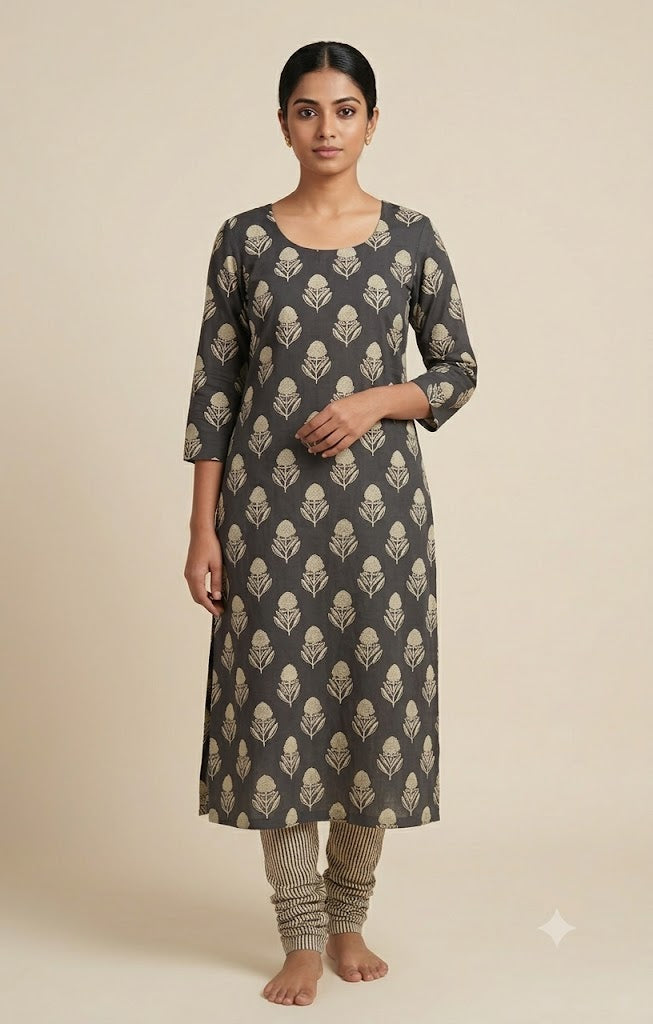 Soft Cotton Black Floral Print Dress Material Set with Striped Bottom – 44" Width