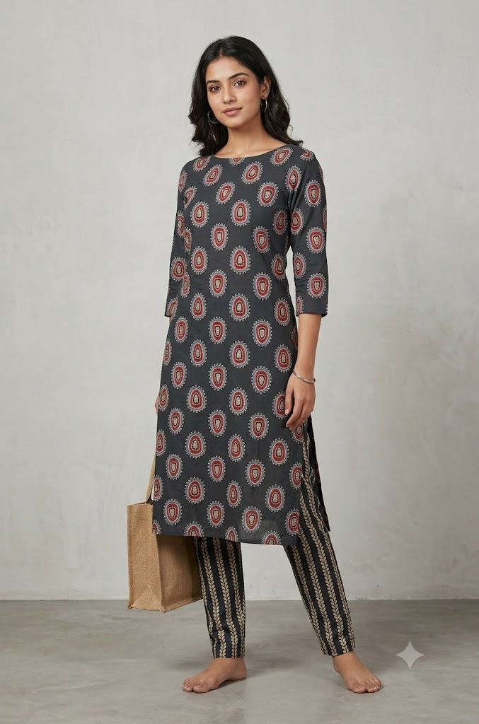 Soft Cotton Paisley Print Dress Material Set – Charcoal Grey Top & Bottom Fabric