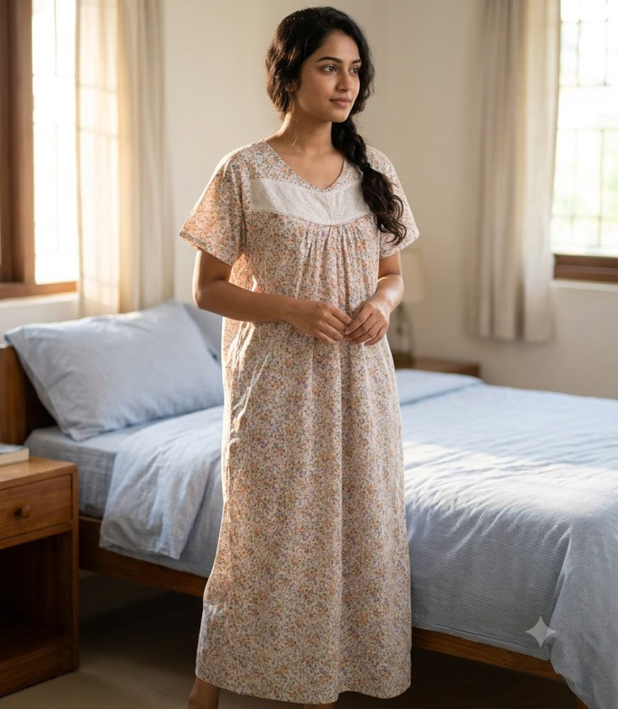 Women's Full Length Cotton Floral Printed Nighty with Embroidered Yoke – Comfortable Daily Wear