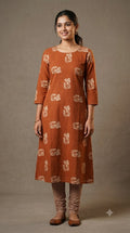Soft Cotton Rust Brown Butterfly Print Dress Material Set with Striped Bottom
