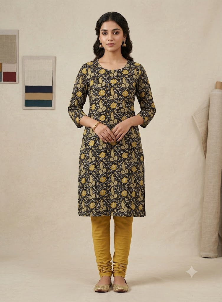 Soft Cotton Floral & Paisley Print Dress Material Top Fabric – Black & Mustard Yellow | 44" Width | 2.5 Meter