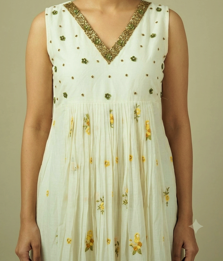 Women's Embroidered Churidar Top with Beaded V-Neck – Off White | Top Only with Sleeve Material