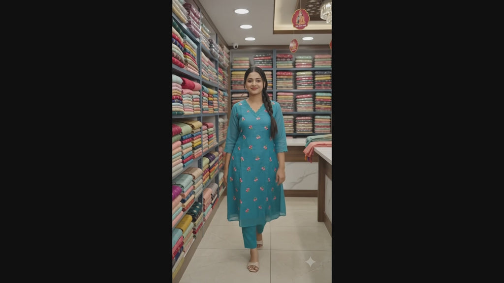 Sky Blue Embroidered Cotton Ladies Kurti Top – Floral Embroidery | V-Neck | 3/4 Sleeves-A-line kurti