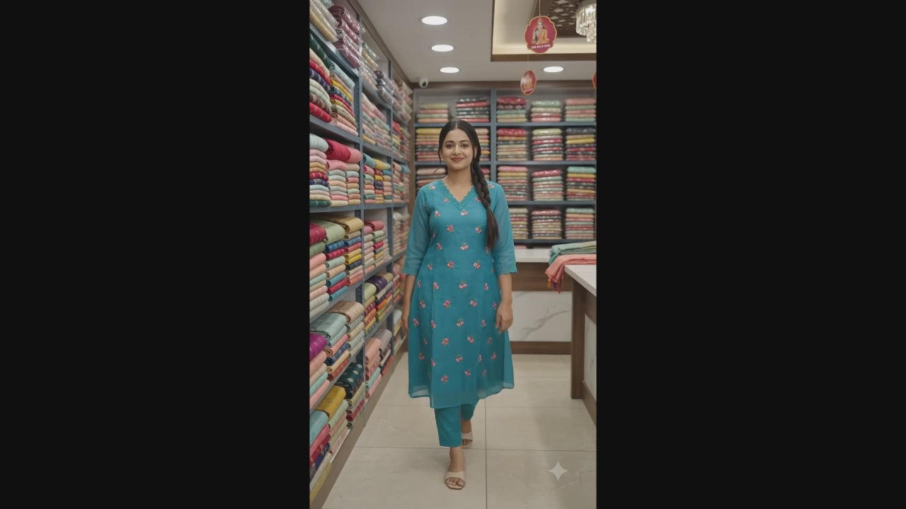 Sky Blue Embroidered Cotton Ladies Kurti Top – Floral Embroidery | V-Neck | 3/4 Sleeves-A-line kurti
