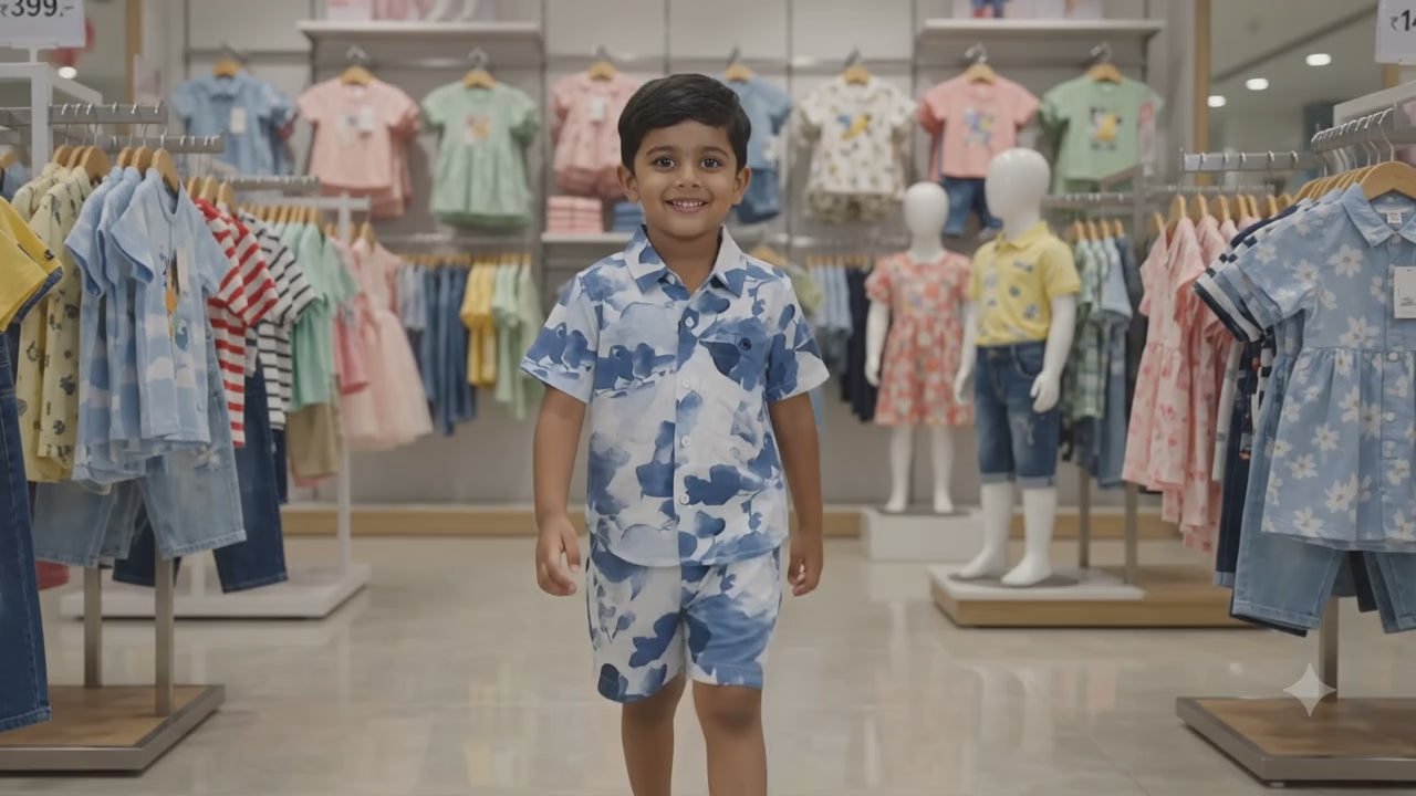 Boys Blue Abstract Print Co-Ord Set – Half Sleeve Shirt & Shorts Outfit