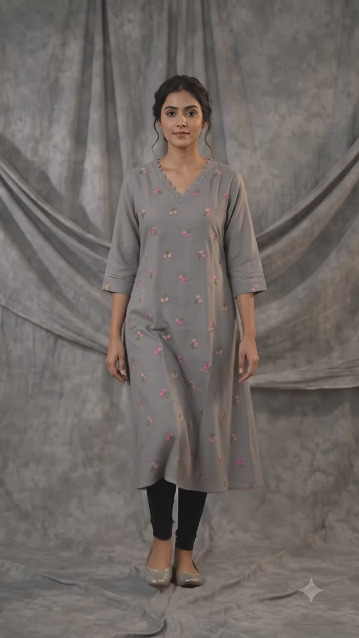 Mul Chandari Embroidered A-Line Ladies Top – Elegant Floral Embroidery | 3/4 Sleeve Kurti Top