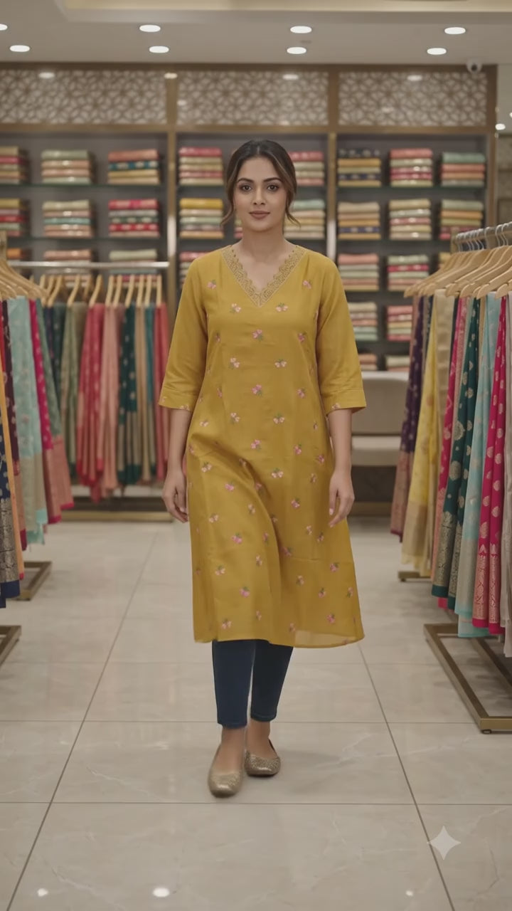Mustard Yellow Embroidered Women's A-Line mul chandari Top | Floral Embroidery | V-Neck Casual Kurti Top