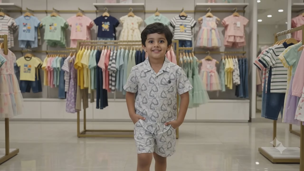 Boys White Geometric Print Co-Ord Set – Half Sleeve Shirt & Shorts
