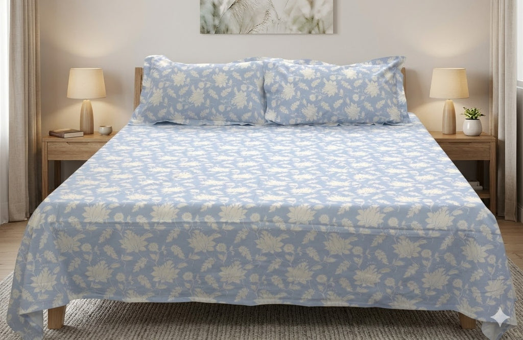 Sky Blue Floral Queen Size Bedsheet with 2 Pillow Covers – Soft &amp; Elegant Printed Bed Sheet