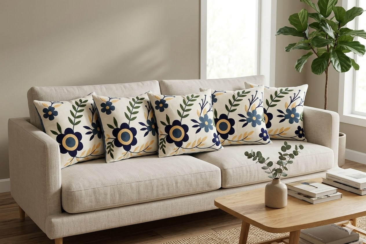 Set of 5 Floral Cotton Cushion Covers 16x16 Inch – Elegant Decorative Throw Pillow Covers