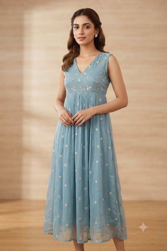 Women’s Sky Blue Mul Chiffon Embroidered Ready-Made Top | Floral Embroidery & Pleated Flare